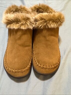 Faux Fur Trim Suede Mule Slippers - Tan